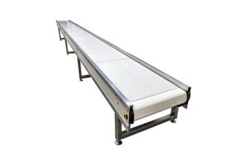 A long stainless steel conveyor belt system with white belt on backdrop transparent background