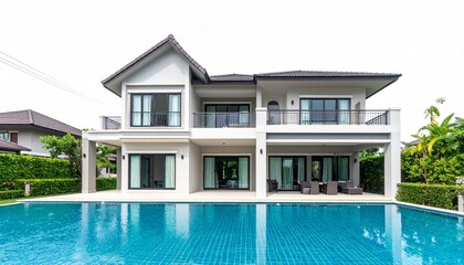 Fototapeta premium Luxury house model with swimming pool isolated on empty white background