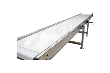 Clean and Modern Stainless Steel Conveyor Belt System on a transparent background