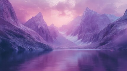 Lavender Peaks, A serene mountain range mirrored in tranquil waters