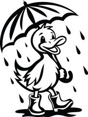 A cute duck standing in the rain, wearing boots and holding an umbrella silhouette and line art vector illustration, duck standing in the rain, wearing boots and holding an umbrella vector icon design