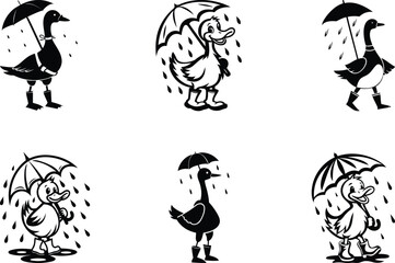 A cute duck standing in the rain, wearing boots and holding an umbrella silhouette and line art vector illustration, duck standing in the rain, wearing boots and holding an umbrella vector icon set