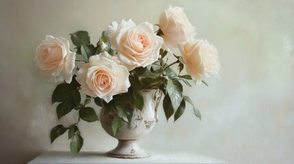 Elegant arrangement of pale roses in vintage vase, timeless beauty