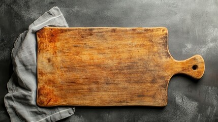 Pizza cutting board and cloth napkin on stone surface of table. Food recipe concept at tabletop or wall background texture with copy space. Flat lay of. panorama, panoramic top view illustration , no