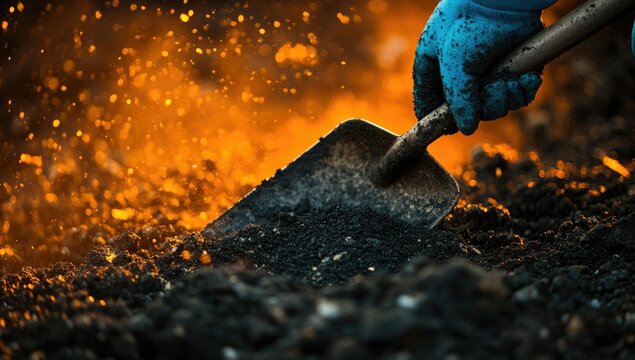 Fire with shovel, soil, and gloved hand. - Powered by Adobe