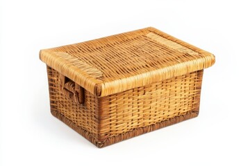 Wicker storage box with lid isolated on white background