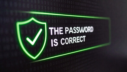 Close-up of a digital screen displaying the message "The password is correct" with a green checkmark inside a shield icon. This signifies security, access, and successful verification