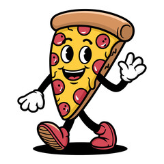 Retro character pizza slice walking happily with a smile and waving hand in a cartoon vector style