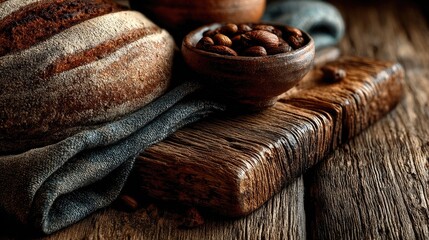 Dark bread and coffee beans on rustic wooden board