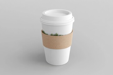 White Coffee Cup with Lid and Brown Sleeve on Gray Background Studio Shot Minimalist Style Product Photography