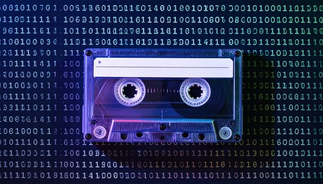 Vintage audio cassette tape in a digital binary code world, evokes nostalgia for the music and technology of a bygone era. The image suggests the fusion of the past and future.