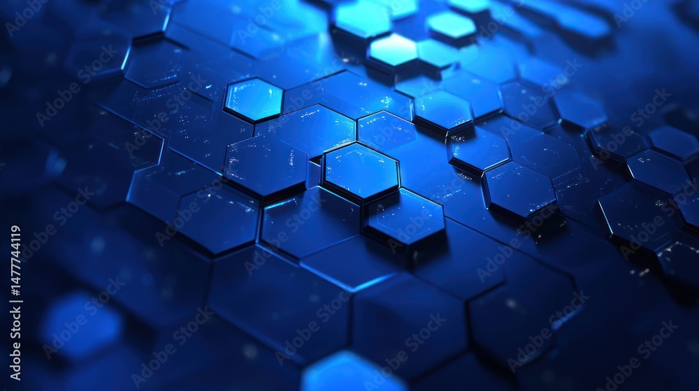 Poster futuristic abstract hexagonal surface with dynamic blue illumination and depth