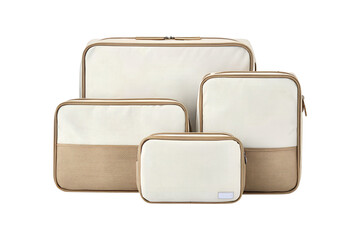 Set of four beige and white cosmetic travel bags against transparent background