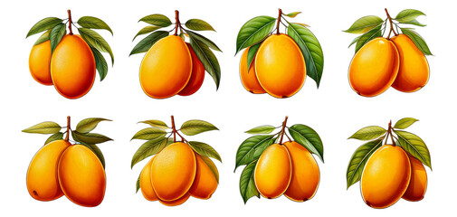 Fresh and Juicy Yellow Mangos with Lush Green Leaves, Isolated on Transparent, white background