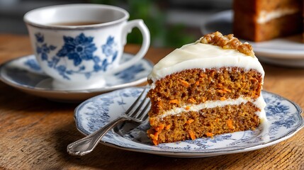 Delicious carrot cake and tea, a perfect combination for a relaxing break.