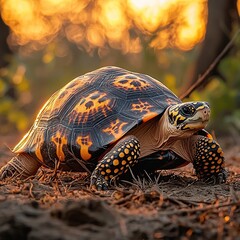 indian star tortoise close-up at chambal sunset