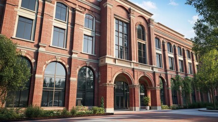 Fototapeta premium Classic brick building exterior, large windows, arched entryway, sunny day