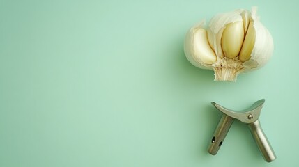Garlic bulb and a garlic press on a mint green surface