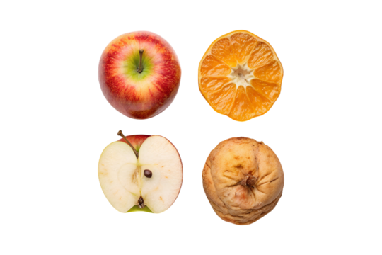 The state of fruit, featuring fresh and rotten apple and orange halves transparent background