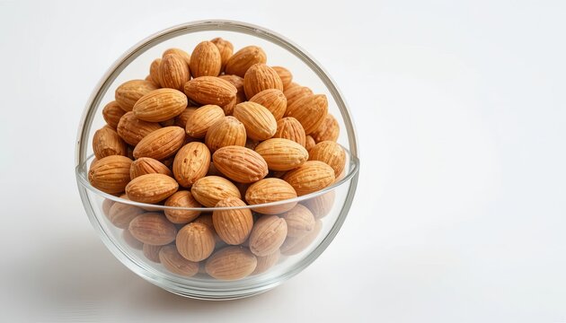 high-resolution almonds in a glass bowl against a pristine white backdrop.