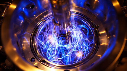 Close-up of advanced plasma reactor emitting swirling light patterns and electric arcs inside a metallic casing 