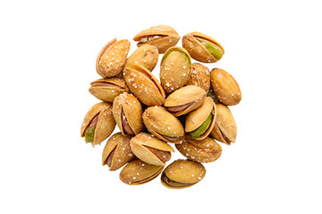 Obraz premium Pile of roasted, salted pistachios isolated against a image transparent background