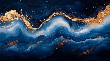 Abstract Art Painting Of Deep Blue Waves With Golden Accents High Resolution Photo