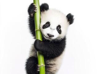 A cute baby panda clinging to a bamboo shoot, its black and white fur bright against a plain white backdrop
