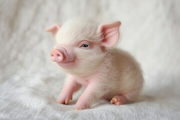 A cute baby piglet, with pink skin and tiny hooves, sitting contentedly on a white background