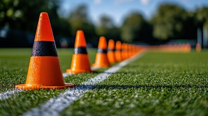 Orange cones marking lines on a sports field
