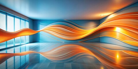 Abstract Interior Design with Flowing Orange and Blue Waves Reflecting on Polished Floor