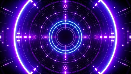 Abstract digital tunnel with glowing neon circles. The scene presents a futuristic and technology-inspired aesthetic, with a focus on bright, glowing light forms