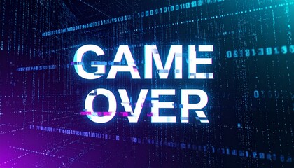 Game over text with digital binary code. The digital background with binary code represents technology, gaming, and digital information. The text is written in a bold, impactful font.