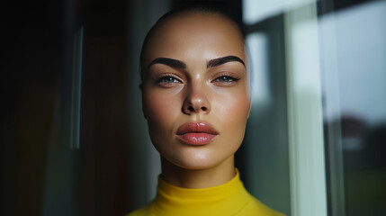 Intriguing gaze of a woman, radiant urban solitude, enigmatic chic allure, echoing World Facial Aesthetics Day elegance