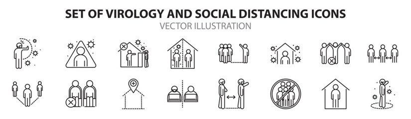 Virology and social distancing icon collection.