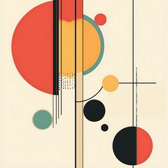Abstract Geometric Composition: This minimalist graphic design showcases an intricate arrangement of intersecting lines, contrasting colors, and vibrant circles.
