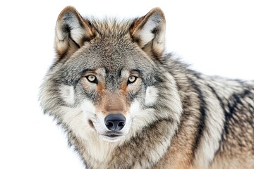 Obraz premium A fierce wolf, its sharp eyes staring intently, standing with its fur flowing against a white backdrop