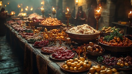 Abundant Medieval Feast Laid Out On A Long Wooden Table High Resolution Photo