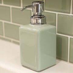 Obraz premium Chic bathroom accessory: stylish light green soap dispenser with chrome pump