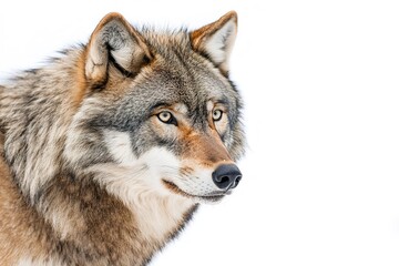 Obraz premium A fierce wolf, its sharp eyes staring intently, standing with its fur flowing against a white backdrop