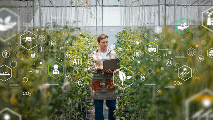 Male farmer uses laptop in greenhouse to check the operation of AI system to control farm farm. Innovative technology concept for smart farm system. © Dee karen