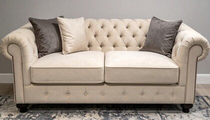 Fototapeta premium elegant beige tufted sofa with cushions