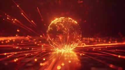 Glowing sphere with radiating light streaks and reflections on a dark reflective surface area
