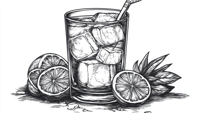 Hand Drawn Illustration of Glass with Ice Cubes and Lemon Slices Close Up Isolated on White Background