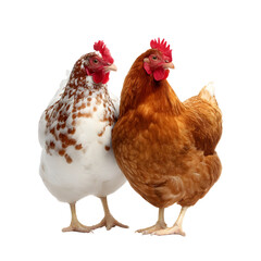 Two healthy alert chickens one spotted and one orange standing side by side in a peaceful natural farmyard environment