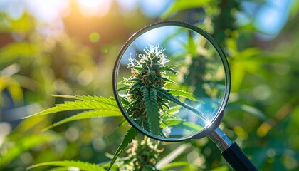 a vibrant cannabis plant under sunlight being closely examined with a magnifying glass showcasing detailed trichomes and healthy growth on a sunny day outdoors