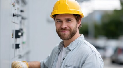 smiling electrician wearing yellow hard hat and gloves, working on electrical panels. His expression shows confidence and professionalism