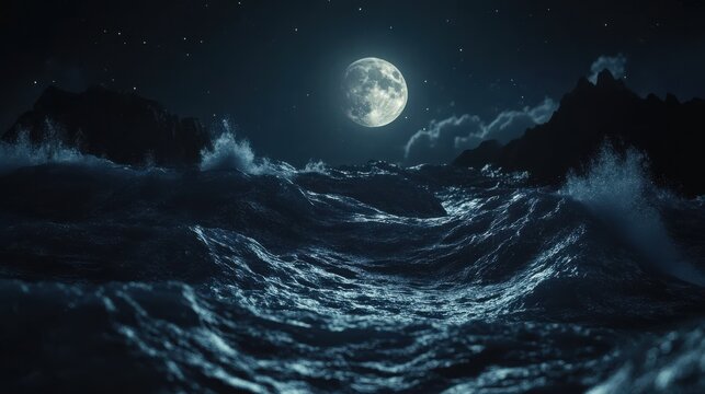 Dark ocean waves under a full moon at night with dramatic lighting and turbulent water creating a moody atmosphere with Copy Space.