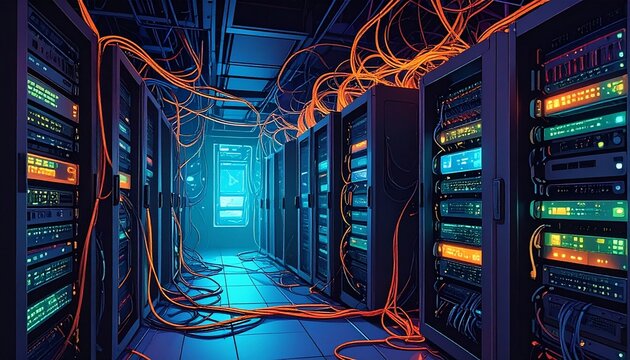 messy cables in the data center room artificial intelligence server room database cloud