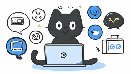 A cute black cat sits in front of a laptop, surrounded by various online shopping and business-related icons